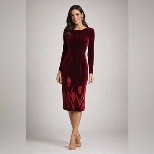 Cassandra Stone Burgundy Velvet Midi Dress Beaded Tulip Hem Long Sleeve Sz 6